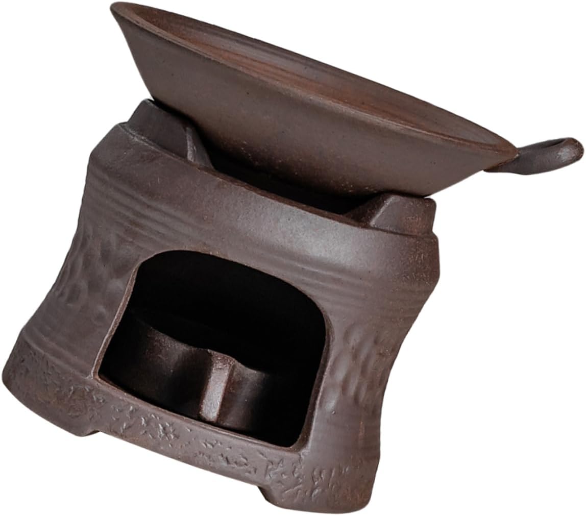 Ceramic Tea Warmer with Teapot Candle Holder and Heating Base Brown Pottery Brazier Trio for Home Hotel Restaurant Use Elegant Desktop Decoration and Tea Brewing Enhancement