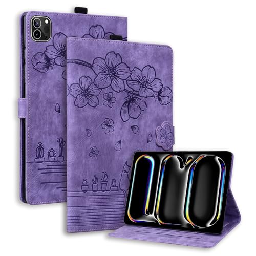 Portefeuille iPad Pro 11 M4 2024 en cuir JZ Chat Cerisier violet