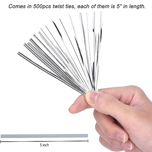 Easytle 500 Pcs Metallic Twist Ties 5\" Sliver Twist Ties for Bags Foil Twist Ties Bread Ties Plastic Cable Ties Candy Ties Twist Tie Bag Ties for Bread Bags Gift Bags Wrapping Cello Bags Treat Bags