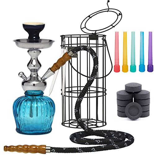 VEEBOOST Hookah Set 14" MYA EQT Accessories Set, 10 Hookah Coals, 50 Disposable Hookah Tips, 1 Protective Hookah Cage (Sky Blue)