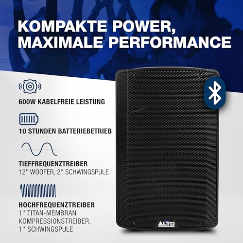 Alto TX412B 600 Watt 12-Zoll Akkubetriebener PA Anlage mit Bluetooth, 2-Kanal Mixer, für True Wireless Auftritte im Freien für Mobile DJs und Musiker