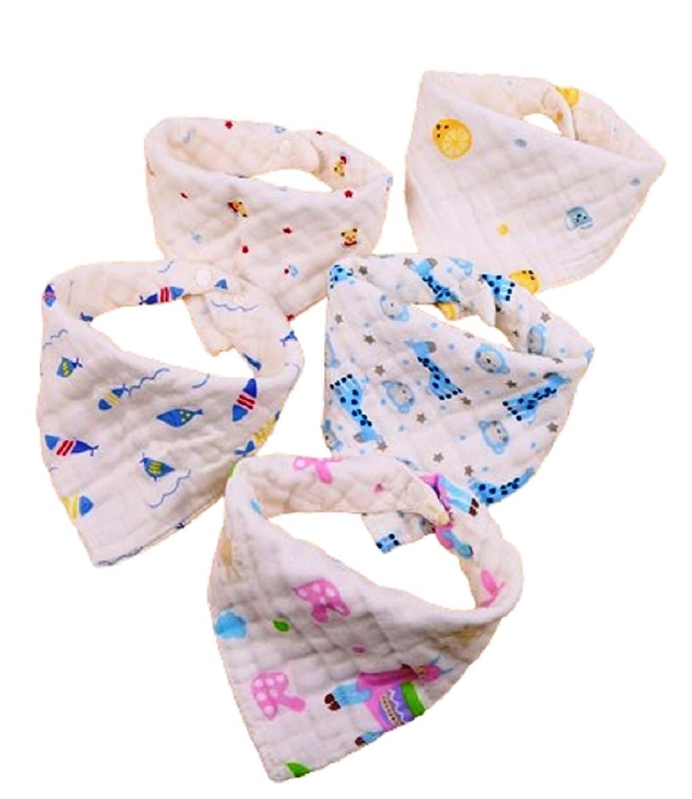 BabyGo Baby Bandana Bibs, Apron with 2 Snap Buttons For Drooling Teething Feeding Super Absorbent 100% Organic Cotton with 8 layer Surface (Set of 5) (Multicolor)