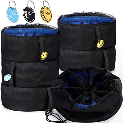 6 Items RV Hose Storage Bag RV Gear Storage Bag Equipment Organizer Bag with Rubber Identification Tags for Camper Electrical Cords Recent Water Sewer Hoses Storage, Black