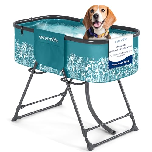 SereneLife Hundebadewanne, Erhöhte & Faltbare Badewanne mit 3-Punkt-Gurt, Ablauf & Seitentaschen, Ideal für Reisen, Balkon & Zuhause, Für Haustiere bis 59 kg