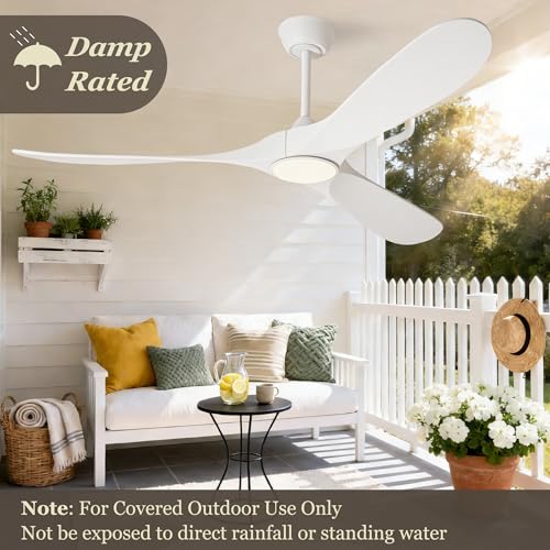 Image of 72 inch White Ceiling Fan with Light and Remote, Large Modern Outdoor Ceiling Fans with Lights for Patios Porch Indoor Living Room Bedroom Wood 3 Blade Propeller High CFM Damp Rated Fan