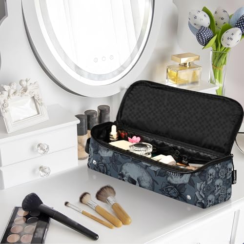 Organizador 2 en 1 para Herramientas de Cabello con Base Resistente al Calor, Bolsa de Almacenamiento para Planchas, Rizadores, Indispensable para Viajes con Diseño Calavera y Rosas Gótico para Mujeres miniatura 7