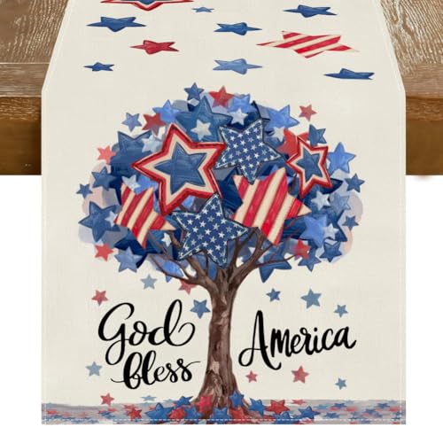 RABUSOFA Stars Trees God Bless America Table Runner,Patriotic Memorial Kitchen Dining Table 4th of July Decorations for Home Party Decor 13x72 Inch