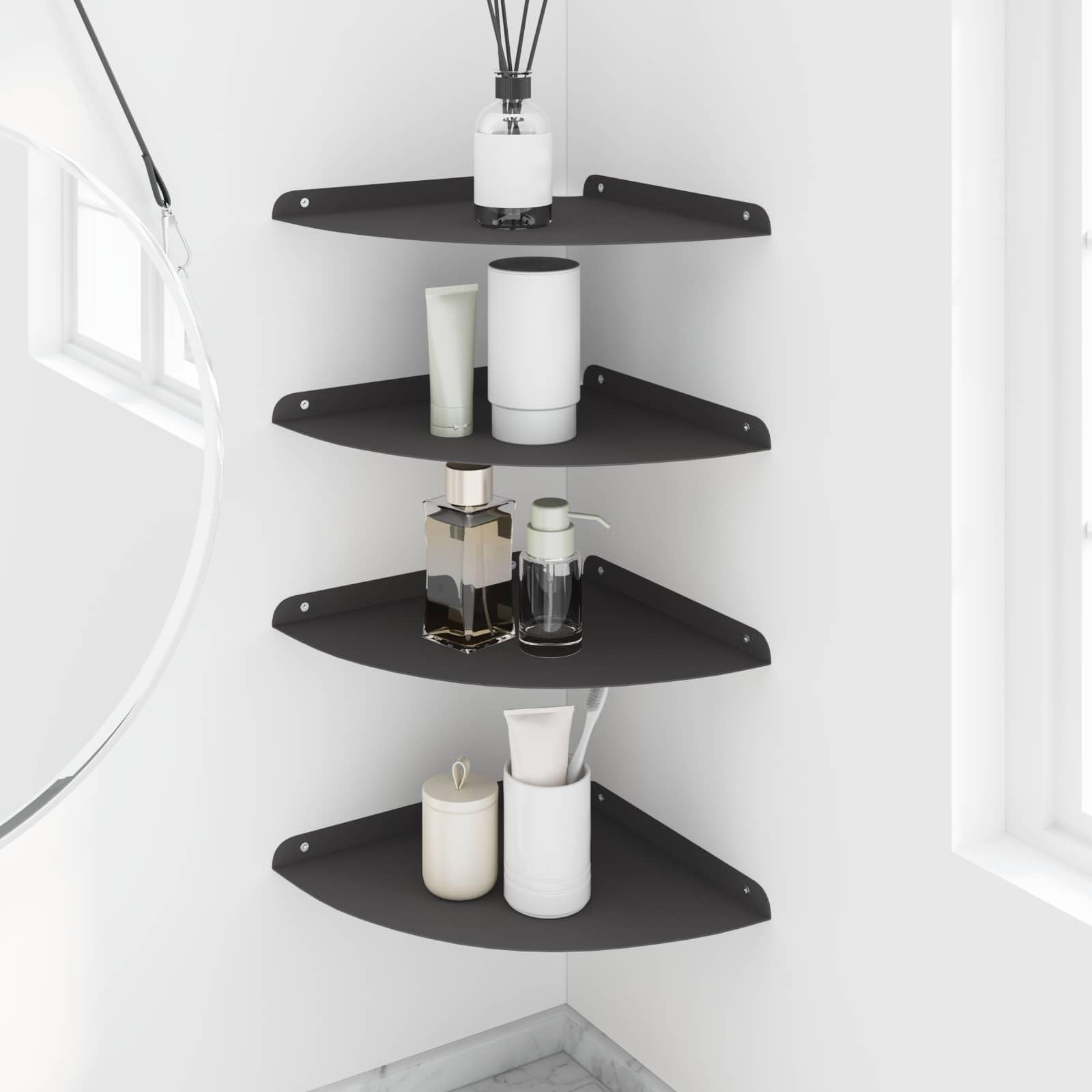 Schwebendes Wandregal 4er Set, Viertelrund Eckregal aus Stahl, Schwarz Matt, 30 x 30 x 2 cm, Platzsparendes Hängeregal für Wohnzimmer, Küche und Bad, Belastbar bis 10 kg