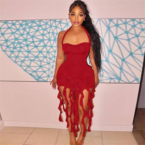 Image of Women's Summer Mini Dress Sexy Halter Backless Ruffle Fringe Bodycon Short Dress Cocktail Party Beach Vacation Sundress