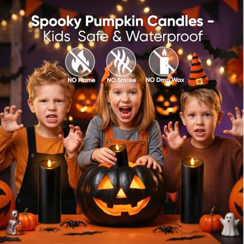 Image of Raycare 8 inchx3 inch Outdoor Waterproof Flameless Candles with Remote and Timer, Battery Operated LED Electric Fake Pillar Candle for Halloween Home Wedding Decor, Black, Set of 2