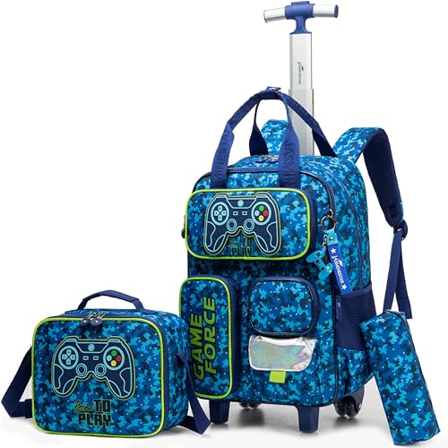 MYHSBYO Kids Rolling Backpack with Wheels for Elementary Preschool Students 16inch Boys Travel Luggage Carry on Backpack for Boys Ages 6-8
