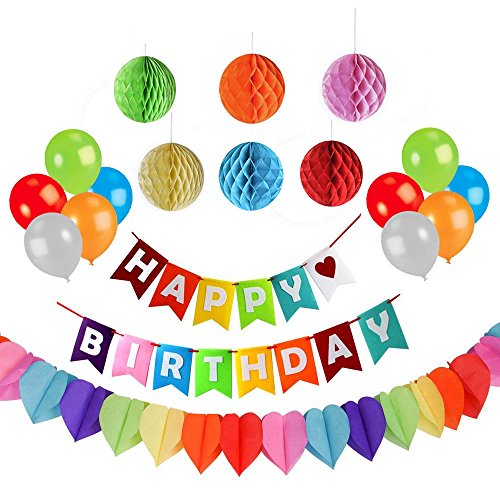 G2PLUS Happy Birthday Felt Frabic Party Decoration with A Hanging Happy Birthday Banner, 6 Colorful Tissue Pom Pom Balls, 10 Assorted Latex Balloons, A Rainbow Heart Shape Paper Garland