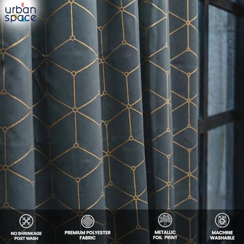 Image of Urban Space 80-85% True Blackout Curtains for Door, Gold Foil Printed Blackout Curtains, Blackout Decorative Door Curtain Eyelet with Tieback, 1 Piece Curtain for Living Room(Hex Stone Grey, 7 Feet)