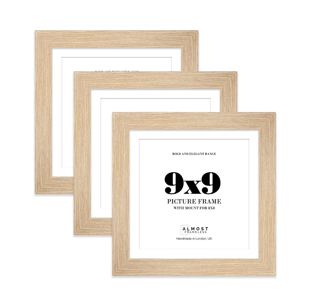 9x9" Oak Square Frame With Mount for 8x8" Pictures 28mm Edge Frame Display with Wall Hooks and Kickstand, 3 Pack