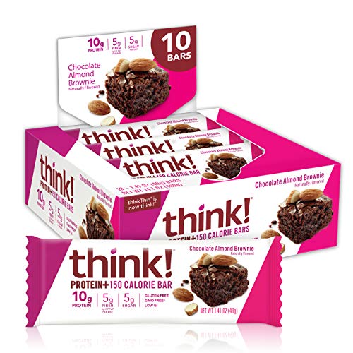 think! (Thinkthin) Protein+ 150 Calorie Bars - Chocolate Almond Brownie, 10g Protein, 5g Sugar, No Artificial Sweeteners, Gluten Free, GMO Free, 1.4 Oz bar (10Count - Packaging May Vary) (1098182)
