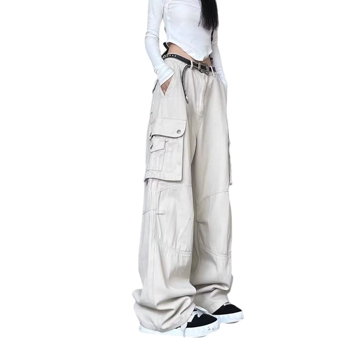 Gothic Cargo Pants Womens Pocket Pleated Cargo Pants Womens Loose Wide Leg Trousers Casual Straight Trousers