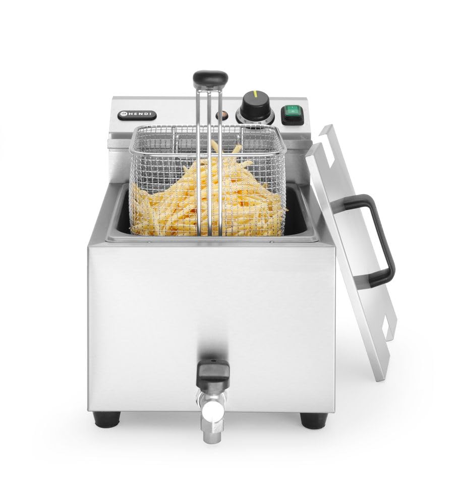 HENDI Freidora eléctrica, T ajustable hasta 195°C, termostato de seguridad, zona fría, con tapa y cesta de freír, con grifo de drenaje, 8L, 230V, 3500W, 300x515x(H)345mm, acero inoxidable 18/0