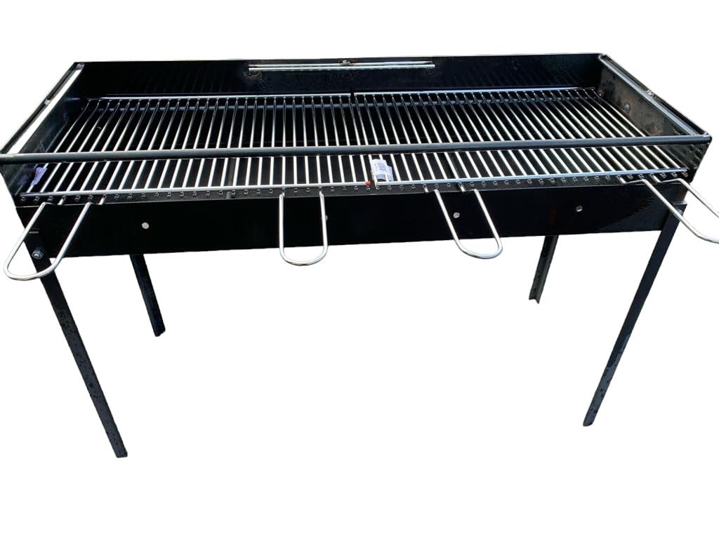 Barbecue in Ferro con 2 Griglie in Acciaio,Artigianale, Regolabile in 2 Altezze 100x38 cm, Piedi Estraibili, Portatile per Esterni