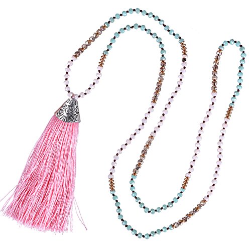 KELITCH Tassel Beads Necklace Handmade Pendant Created-Turquoise Long Y Chain for Party
