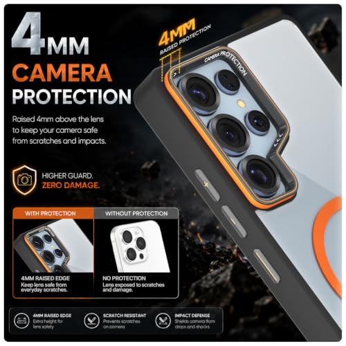Image of Pikkme Back Cover for Samsung Galaxy S25 Ultra 5G | Shockproof | Mag-Safe Compatible | Hard Transparent Back | Premium Raised Camera Protection | Bumper Case (Black & Orange Mag-Safe)