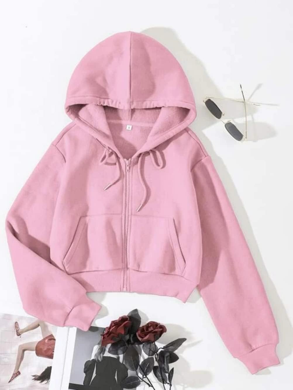 LOFAAC Women Fleece Full Zip Up Cropped Hoodie Sweatshirt 90s Long Sleeve Drawstring Hooded Crop Jacket Top with Pockets - Image 4