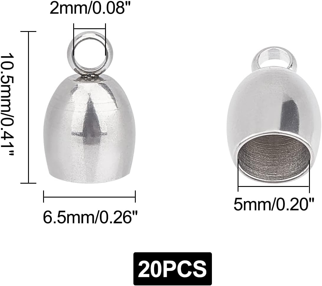 UNICRAFTALE 20Pcs Stainless Steel Color Cord End Caps 5mm 304 Stainless Steel Leather End Cap, Glue-in End Cap Cord Ends Cap Finding Kit for Tassel Bracelet Jewelry Making
