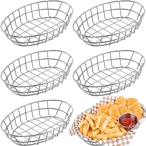 6 Pack Gold Chrome Oval Wire Baskets - 9.5x6.2 Inch Bread, Fruit, Or Fast Food Serving Baskets