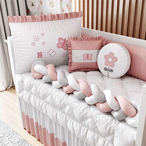 Kit Berço Trança Borboleta Poá Rosa com Saia de Berço