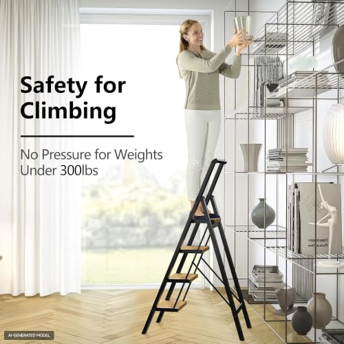 Image of SOLADDER 4 Step Ladder, Lightweight Folding Step Stool, Black+Woodgrain