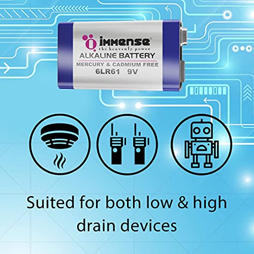 Image of Immense 9V Alkaline Battery for Smoke Alarms, Walkie Talkies, Radios, Multimeters & High-Drain Devices | 6LR61 Non Rechargeable Battery (Pack of 2)