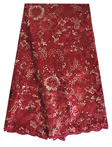 SanVera17 African Fabric Net Fabrics Sequins Embroidery Nigerian Embroidered Lace Fabric for Party Dress (Wine) 5 Yards 2206-2