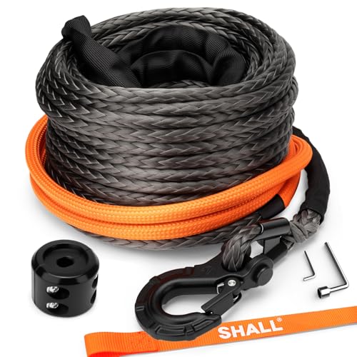 SHALL Correas y Cuerdas de Remolque, Cuerda sintética para cabrestante de 9 mm x 28 m de Largo, 11,5 toneladas (25 500 LB), Funda Protectora, Gancho Forjado para cabrestante y Correa de Seguridad