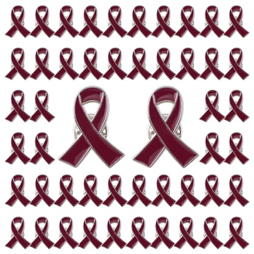 Image of WANDIC 50 PCS Burgundy Multiple Myeloma Awareness Ribbon Pins, Silver Back Sickle Cell Anemia Awareness Ribbon Brooche for Charitable Fundraising,2.5cm*2cm