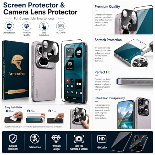 Image of ArmourPro Tempered Glass and Black Camera Lens Protector for Nothing Phone (4A) Pro, Edge to Edge Screen Guard, Anti-Bubble, Scratch Resistant, HD Clear, Anti-Fingerprint, Installation Kit | Black