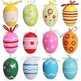 Simpeak 12 Stück Osterei Ostern Hängeornamente Ostereier zum Aufhängen Bunte Ostereier Plastik aus Kunststoff, Buntes Sternblumenmuster, Ostern Innen Außenbereich Osterdekoration, 6 * 4cm
