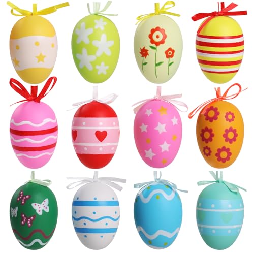 Simpeak 12 Stück Osterei Ostern Hängeornamente Ostereier zum Aufhängen Bunte Ostereier Plastik aus Kunststoff, Buntes Sternblumenmuster, Ostern Innen Außenbereich Osterdekoration, 6 * 4cm