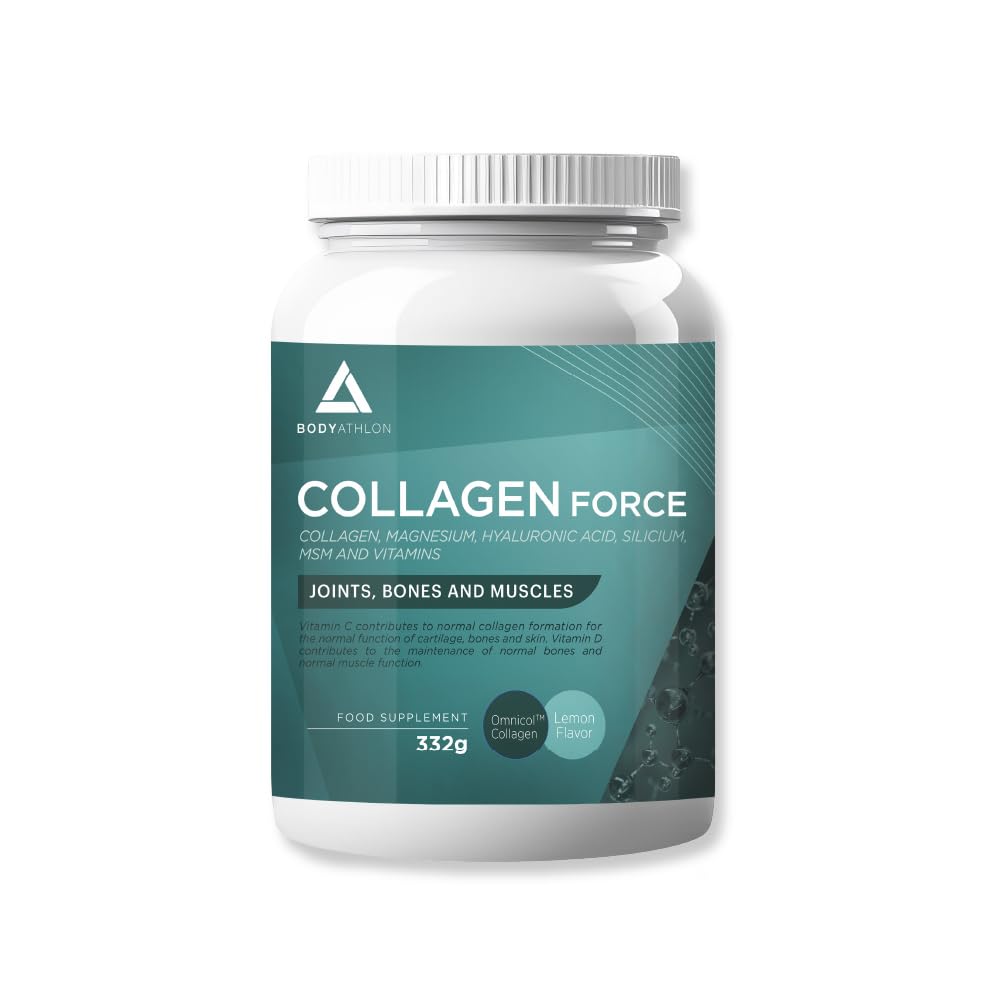 Bodyathlon- Colágeno Hidrolizado con Magnesio, Ácido Hialurónico, Silicio, MSM y Vitaminas- Músculos y articulaciones – Colageno con magnesio puro en Polvo Omnicol- Sabor Limón- 30 días 332g