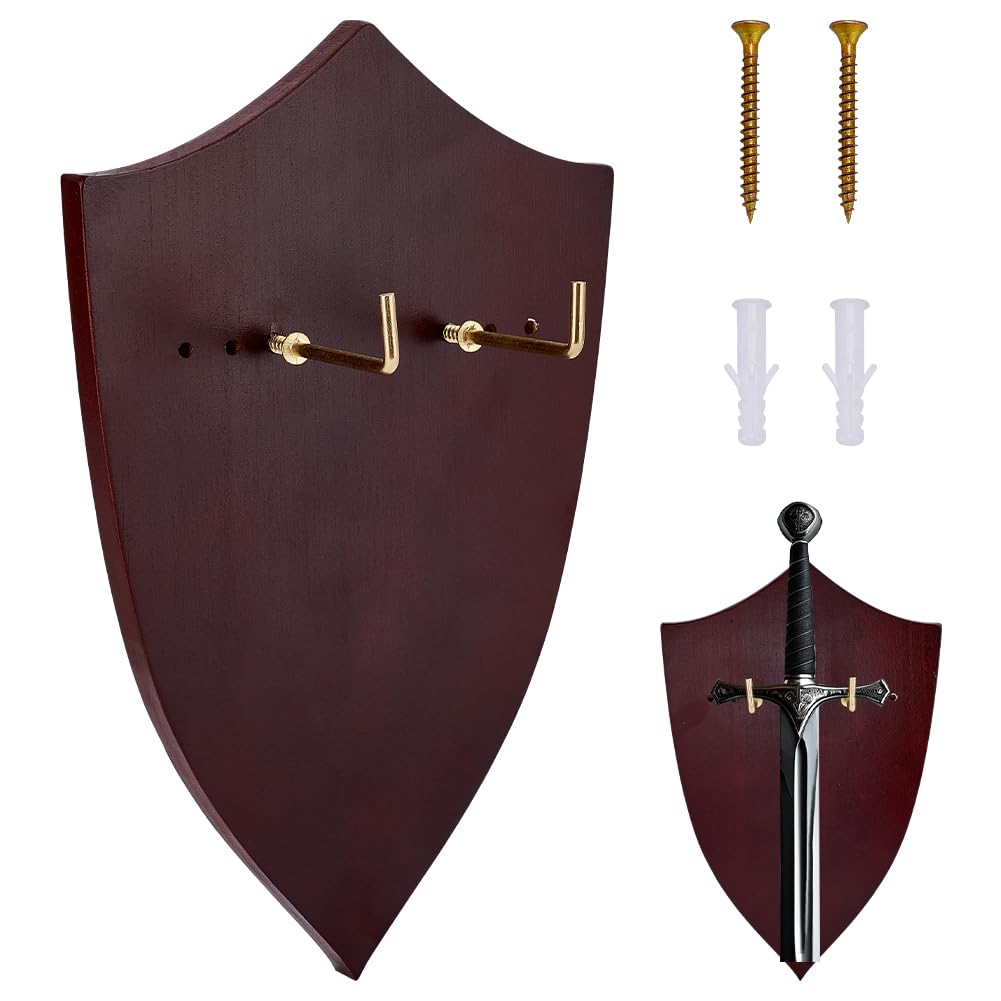 FINGERINSPIRE Soporte de espada de madera montado en la pared en forma de pantalla, 259 x 165 mm, espada tribal medieval, placa de exhibición con ganchos de metal, soporte de espada de madera marrón