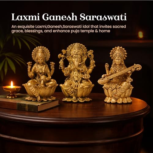 Image of Habere India-All the Cultures Fabricating India Brass Lakshmi Ganesh Saraswati Idol Set for Pooja Room | Pure Brass Lakshmi Ganesh Saraswati Murti for Home (Design07: L3 x W2 x H5 cm)