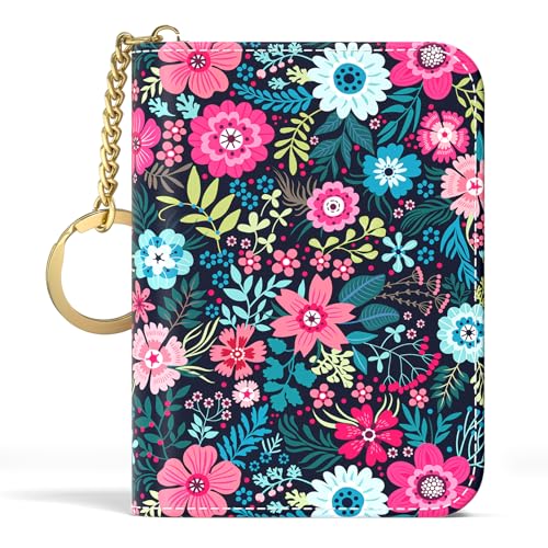 Image of Aiawoxc Credit Card Holder, Small RFID Wallet Slim Leather Card Organizer Case with Zipper and Keychain, Elegant Flowers