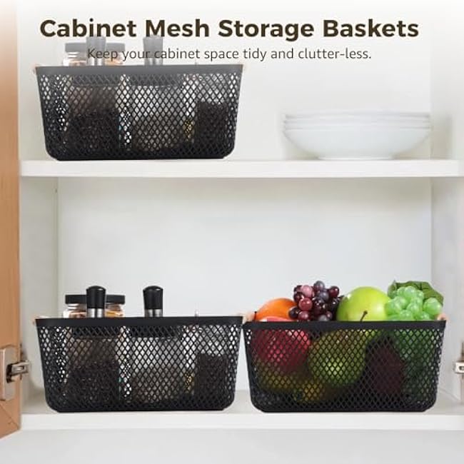 Stackable Baskets with Wooden Handles, 4 Pcs Plastic Mesh, Cabinet Organizer Bins, Small, 10.8¡Á7.3¡Á4.8, for Kitchen Pantry, Fruits, Cosmetics, Snacks, Closet Storage