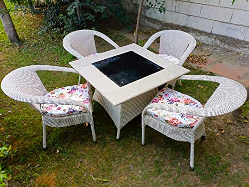 Image of Anaya Decor D-8 Chairs Table Set 4+1 Wicker Patio Furniture Sets 4 Chair and 1 Table with Cushions for Garden Balcony Bedroom Powder Coated Frame Uv Protected Wicker (Off White)
