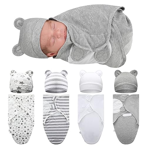 buryeah 4 pack preemie swaddle blanket wrap set with hat for baby boys girls 3-7 lbs preemie newborn clothes sleepers cap