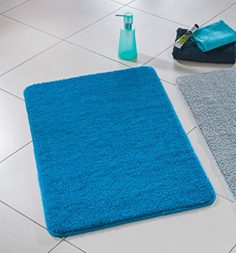 Spirella Badteppich Badematte Duschvorleger Hochflor | flauschig | rutschhemmend | geeignet für Fußbodenheizung | 50x80 cm | Blau, Polyester, Blue, 50x80x1.2 cm