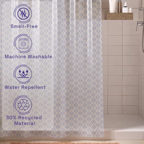 Image of Wakefit PEVA Plastic Printed Shower Curtain 7 Feet | 12 Free Hooks | No Smell, Toxin Free PEVA Plastic | Waterproof Bathroom Curtain | Curtain for Balcony | Height 7ft & Width 6ft | Flake Blue
