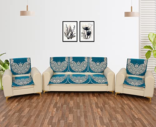 Image of Sky Blue 5 Seater Sofa Cover (3+1+1) with Complete Cover Set - Soft Stretch Fabric, Couch Protector (Sky Blue)