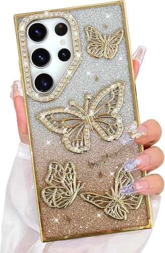 Image of Elzzi Electroplated Butterfly Phone Cover for Samsung S25 Ultra Case, Showcasing Pearlescent Diamond Soft TPU, Camera Protection, Shockproof, Dropresistant Stylish for Girls & Women (Gold)