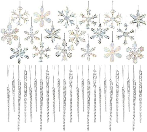 Klikel Glass 2-inch Iridescent Snowflake Ornaments 18-Piece and Clear Glass Icicle Ornaments 24-Piece (12 X 3.5-inch & 12 X 5.5-inch)