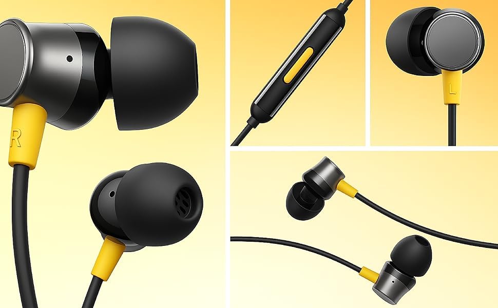 Image of Original 2026 Buds 3 Wired Earphones for Realme with Mic (Black) | 9mm Dynamic Driver | 3.5mm Jack | Single Button Control | Braided Tangle-Free Cable | Buds 3.5mm Wired Earphone, 1 Warranty