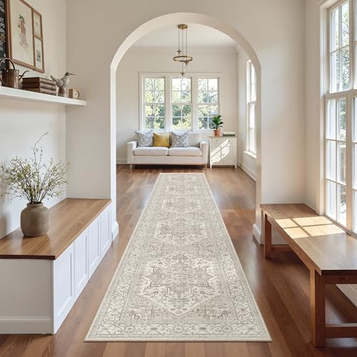 Madane Hallway Runner Rug 2x12, Long Washable Runner Rugs 12ft with Rubber Backing, Non Slip Carpet Runner, Vintage Rug Runners for Kitchen Laundry Room Entryway (Beige/Brown, 2'x12') by Madane - Used condition - Image 4